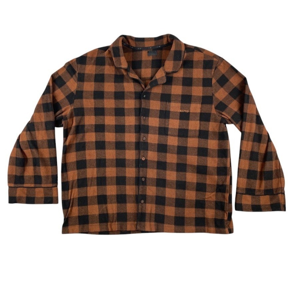 SKIMS Shirt Mens XL Brown Black Buffalo Plaid Pajama Top Long Sleeve Fleece EUC